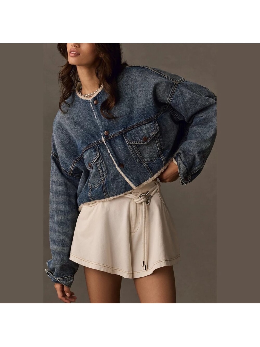 Denimist x Free People Faux Shearling Oversized Cropped Denim Jacket Jean lined - Picture 2 of 10